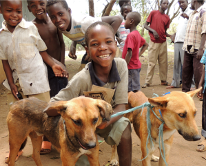 Children in Africa pose with their vaccinated dogs.